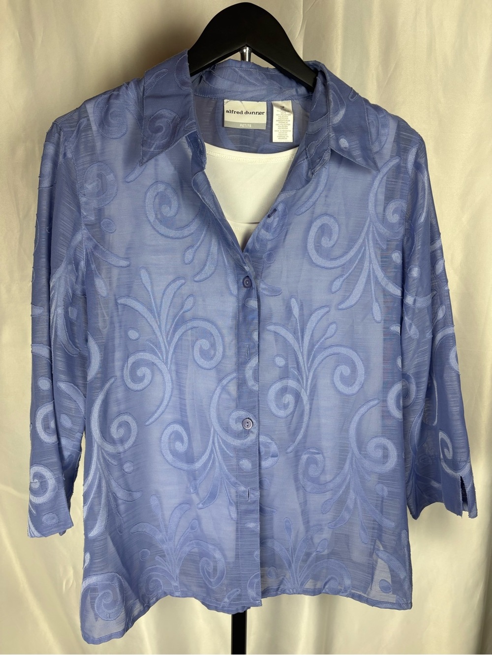 Alfred Dunner Petite 12P Blue Sheer Embroidered Blouse Tank 2 Piece Set